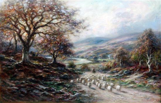 John MacWhirter (1839-1911) Shepherd and flock in a landscape, 12 x 18in.